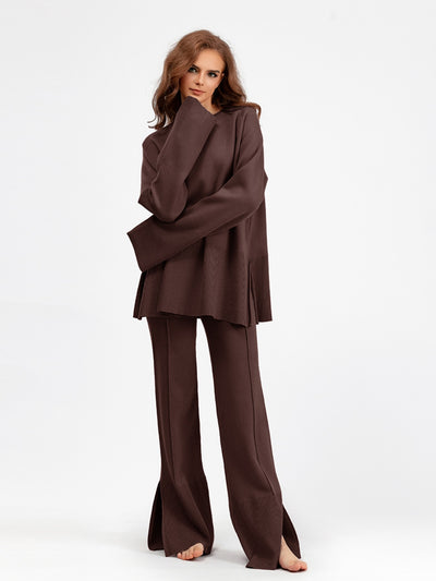 Explore More Collection - Basic Bae Slit Round Neck Long Sleeve Top and Drawstring Pants Sweater Set