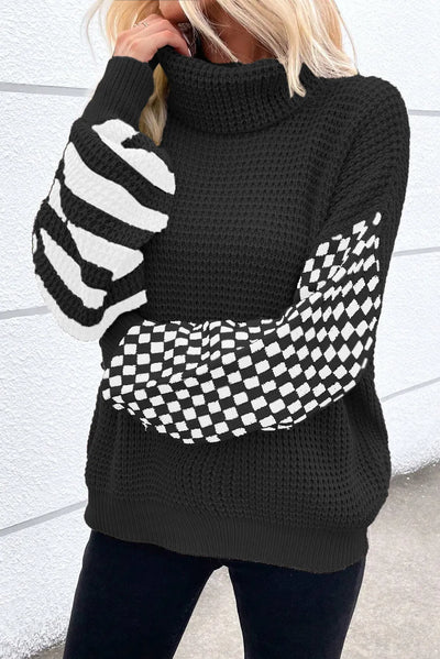 Explore More Collection - Checkered Striped Turtleneck Long Sleeve Sweater