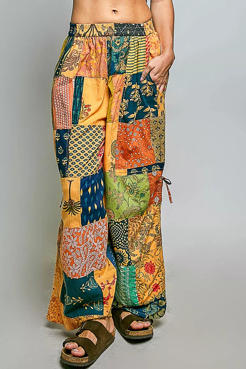 POL Printed Patchwork Wide Leg Pants with Adjustable Side Drawstring