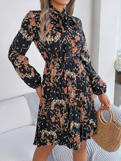 Explore More Collection - Pleated Printed Tie Neck Long Sleeve Dress