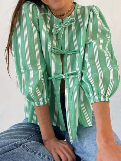 Explore More Collection - Tied Round Neck Balloon Sleeve Shirt