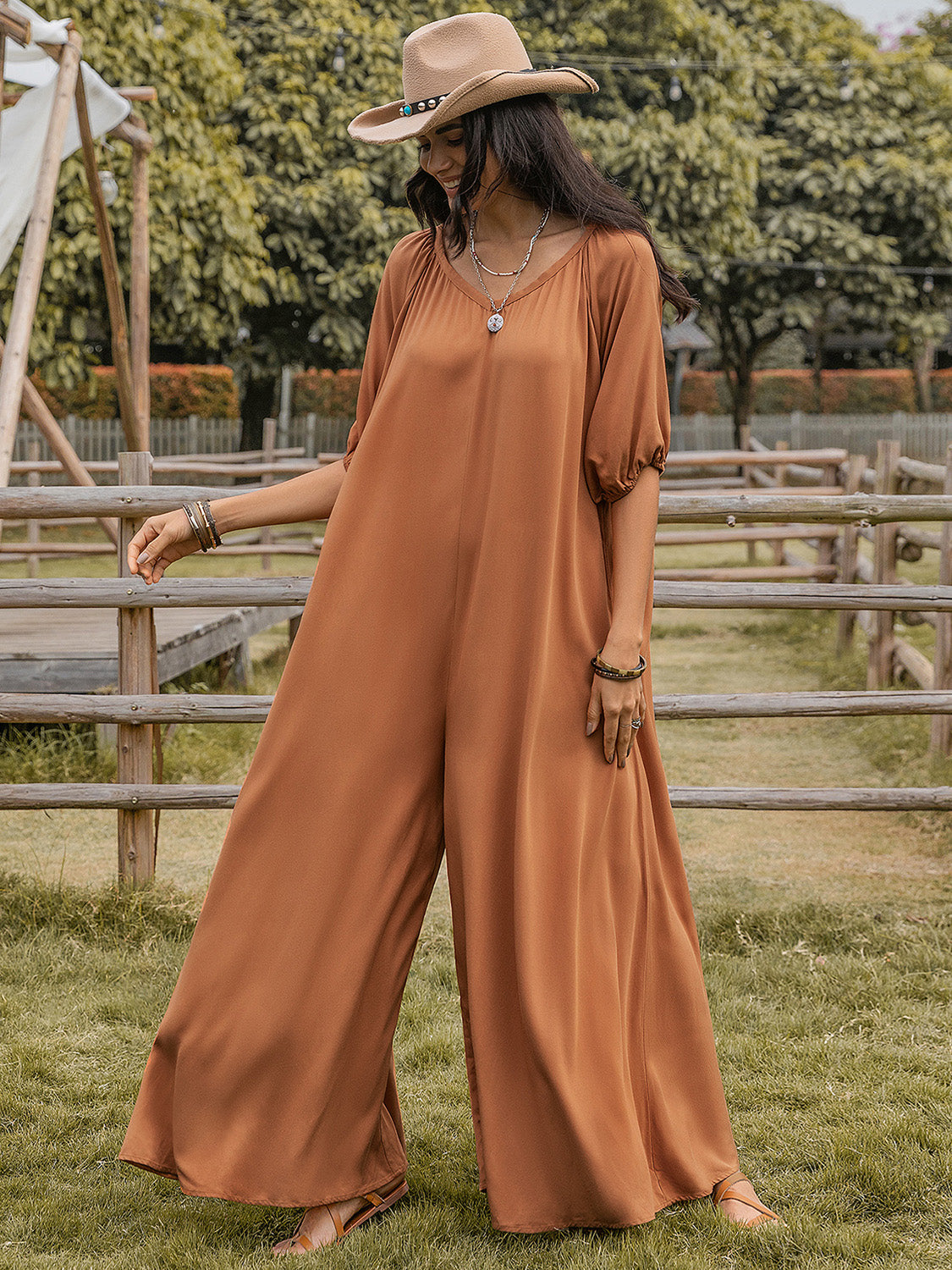 Explore More Collection - Scoop Neck Half Sleeve Wide Leg Jumpsuit