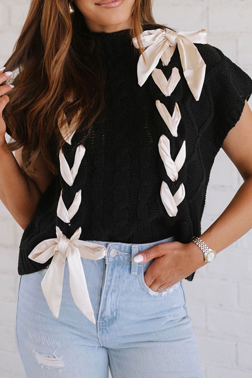 Explore More Collection - Lace-Up Mock Neck Short Sleeve Sweater