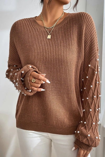 Explore More Collection - Pearl Detail Round Neck Long Sleeve Sweater