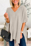 Explore More Collection - Slit V-Neck Half Sleeve Knit Top