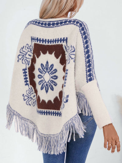 Explore More Collection - Fringe Geometric Long Sleeve Poncho