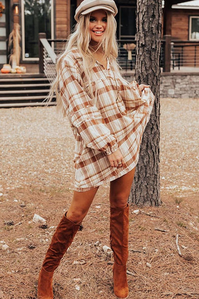 Explore More Collection - Plaid Collared Neck Long Sleeve Mini Shirt Dress