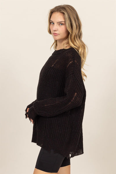 Explore More Collection - Distressed Long Sleeve Knit Top