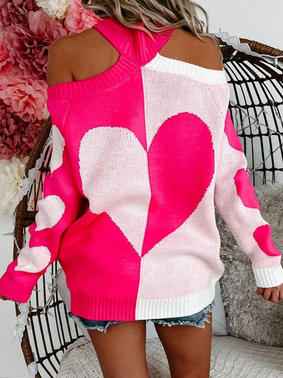 Explore More Collection - Valentine's Day Heart Turtleneck Cold Shoulder Sweater