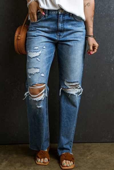 Explore More Collection - Distressed Raw Hem Jeans with Pockets