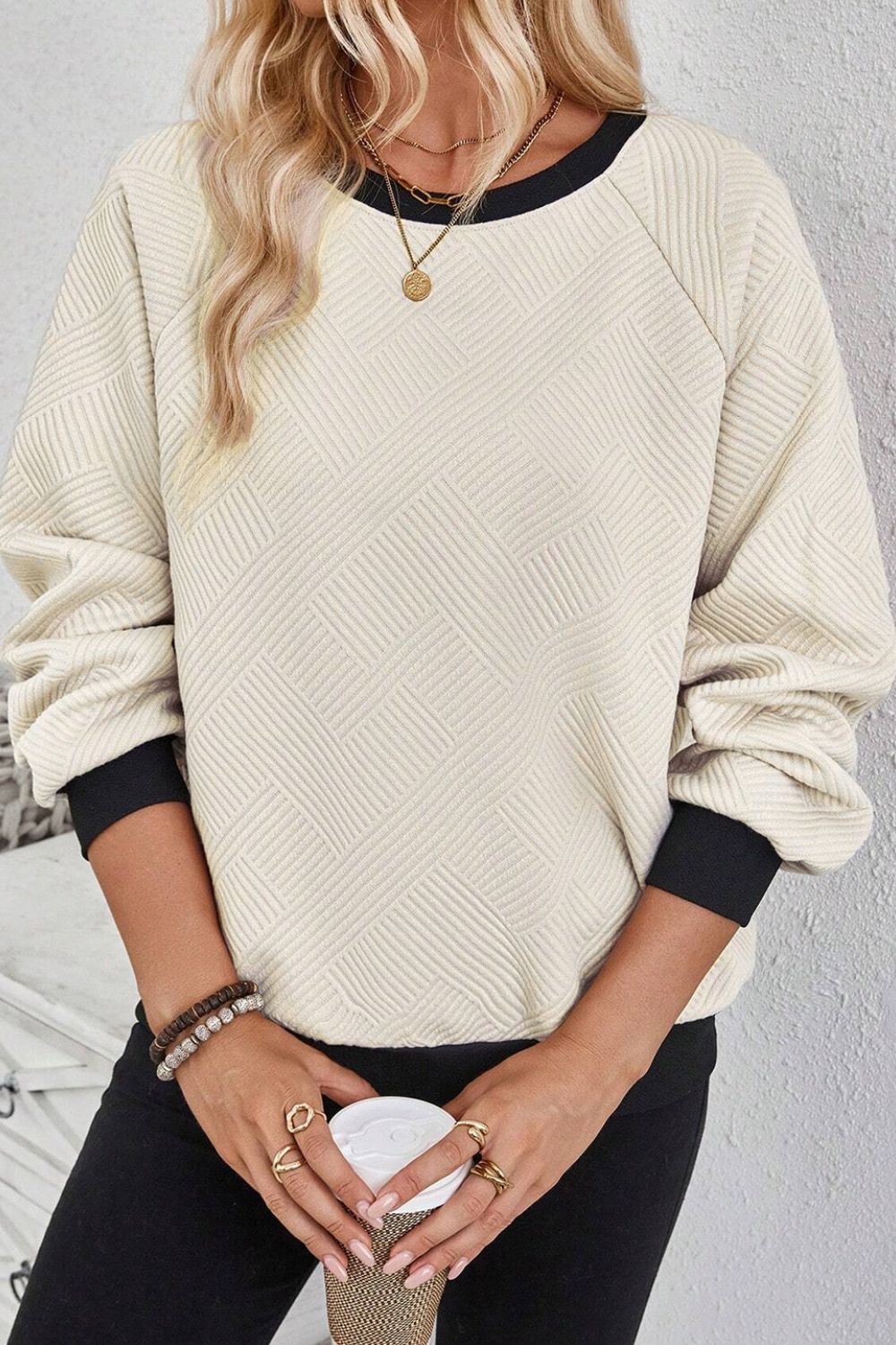 Explore More Collection - Texture Contrast Long Sleeve Sweatshirt