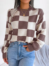 Explore More Collection - Checkered Mock Neck Long Sleeve Sweater