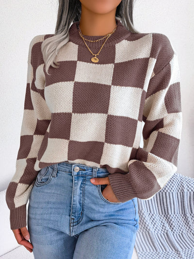 Explore More Collection - Checkered Mock Neck Long Sleeve Sweater