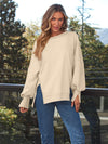 Explore More Collection - Slit Round Neck Long Sleeve Sweatshirt