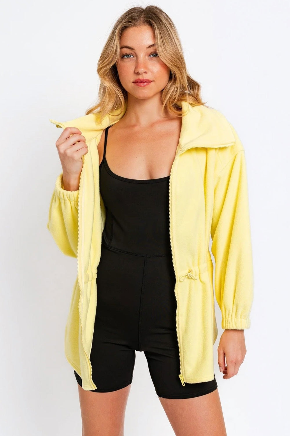 Explore More Collection - Tasha Apparel Zip Up Waist Drawstring Soft Fleece Jacket