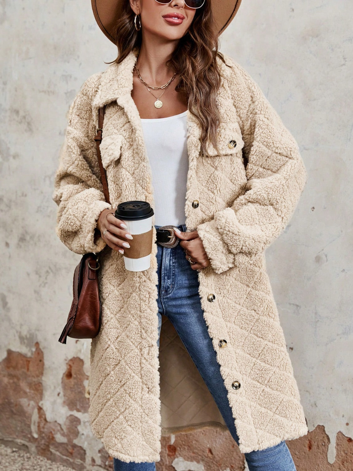 Explore More Collection - Fuzzy Button Up Dropped Shoulder Long Sleeve Coat