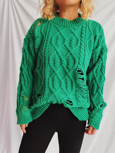 Explore More Collection - Distressed Cable-Knit Round Neck Long Sleeve Sweater