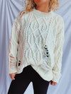 Explore More Collection - Distressed Cable-Knit Round Neck Long Sleeve Sweater