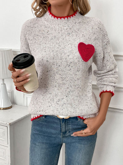 Explore More Collection - Contrast Heart Round Neck Long Sleeve Sweater