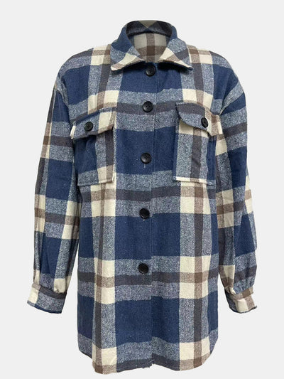 Explore More Collection - Plaid Collared Neck Long Sleeve Jacket