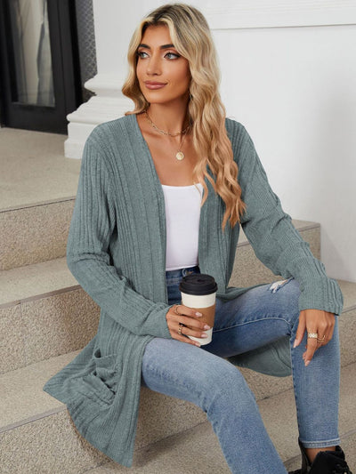 Explore More Collection - Pocketed Open Front Long Sleeve Cardigan