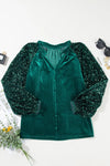 Explore More Collection - Sequin Notched Long Sleeve Blouse