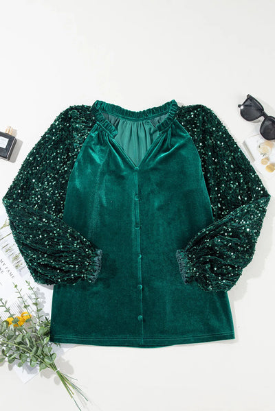 Explore More Collection - Sequin Notched Long Sleeve Blouse