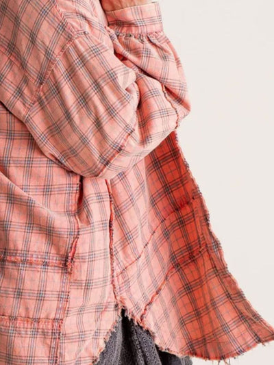 Explore More Collection - Exposed Seam Plaid Collared Neck Long Sleeve Shirt