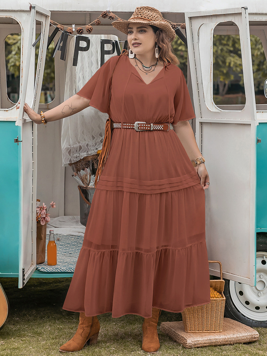 Explore More Collection - Plus Size Tie Neck Flutter Sleeve Midi Dress