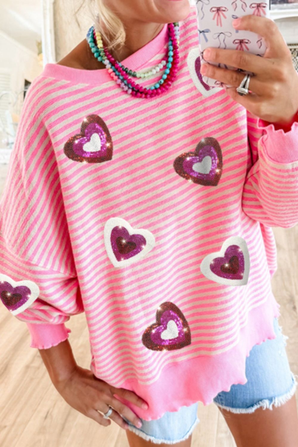 Explore More Collection - Valentine’s Day Sequin Heart Striped Round Neck Long Sleeve Sweatshirt