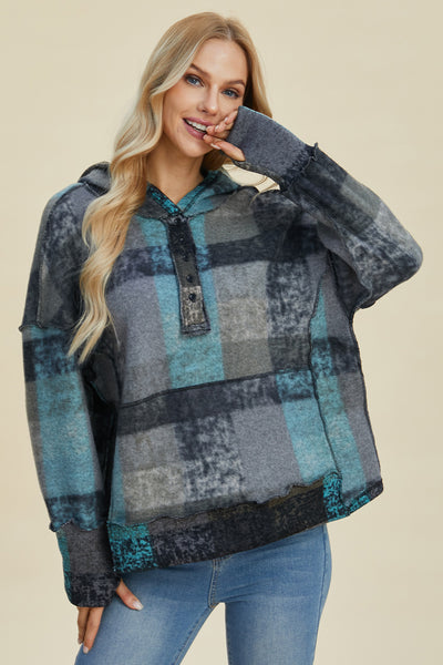 Explore More Collection - Double Take Full Size Plaid Dropped Shoulder Hoodie