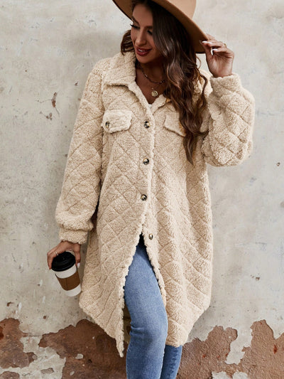 Explore More Collection - Fuzzy Button Up Dropped Shoulder Long Sleeve Coat