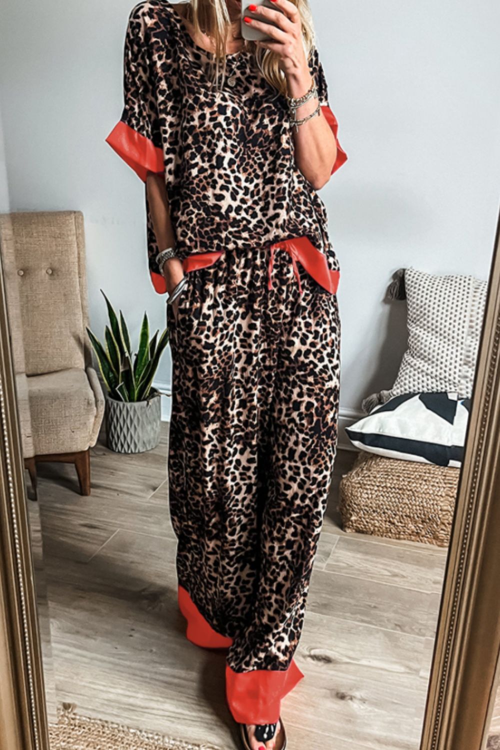 Explore More Collection - Contrast Trim Leopard Round Neck Top and Pants Lounge Set