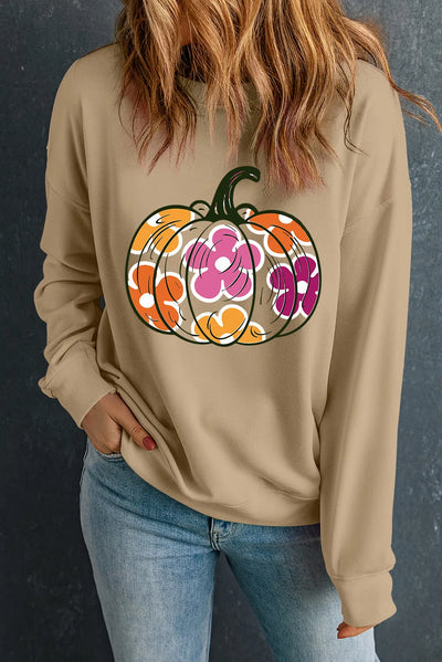 Explore More Collection - Pumpkin & Flower Graphic Long Sleeve Sweatshirt