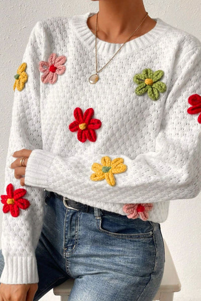 Explore More Collection - Crochet Flower Round Neck Long Sleeve Sweater