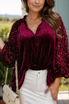 Explore More Collection - Sequin Notched Long Sleeve Blouse