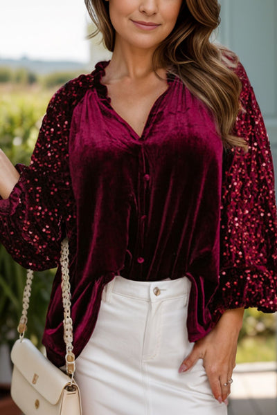 Explore More Collection - Sequin Notched Long Sleeve Blouse