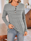 Explore More Collection - Quarter Button Striped Round Neck Long Sleeve T-Shirt