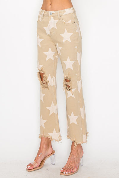 Explore More Collection - RISEN Full Size High Rise Star Printed Frayed Hem Jeans