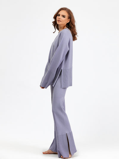 Explore More Collection - Basic Bae Slit Round Neck Long Sleeve Top and Drawstring Pants Sweater Set