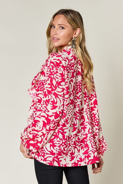 Explore More Collection - Double Take Full Size Printed Ruffle Trim Balloon Sleeve Shirt