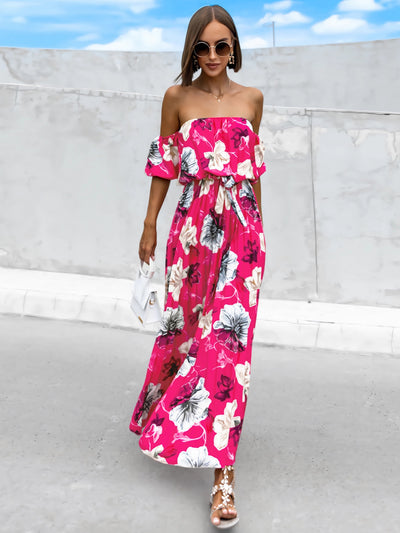 Explore More Collection - Pleated Floral Off-Shoulder Short Sleeve Midi Dress