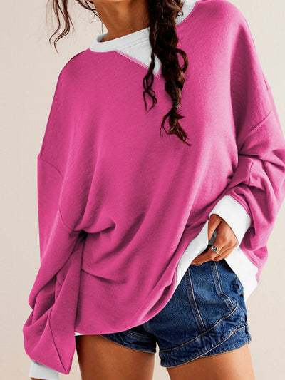 Explore More Collection - Contrast Trim Round Neck Long Sleeve Sweatshirt