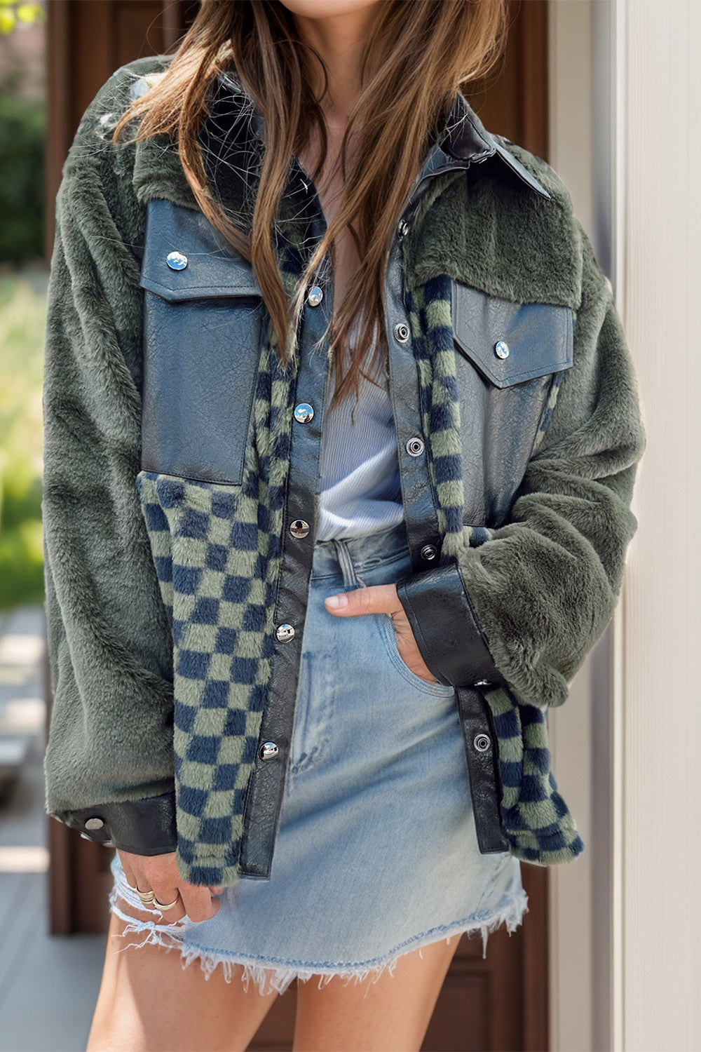 Explore More Collection - Pocketed Checkered Collared Neck Jacket