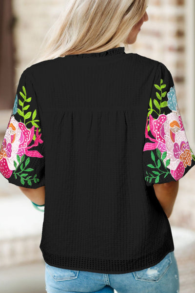 Explore More Collection - Embroidered Notched Puff Sleeve Blouse