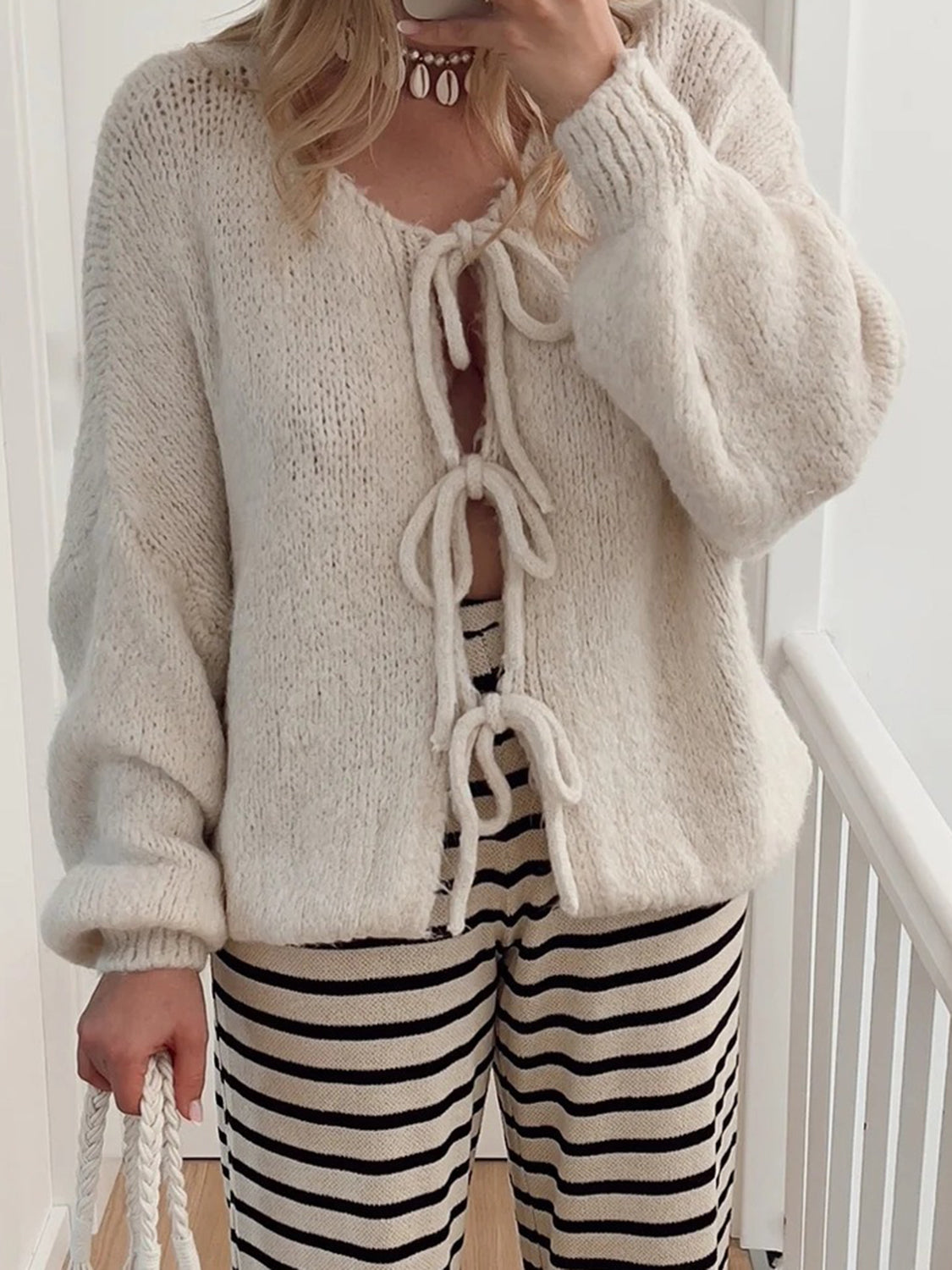 Explore More Collection - Tied Long Sleeve Dropped Shoulder Cardigan