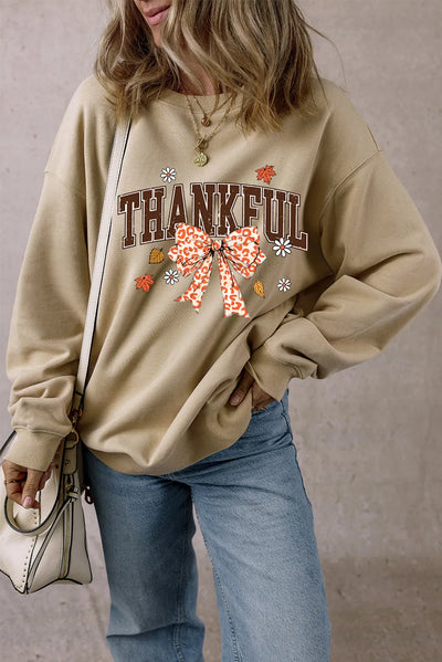 Explore More Collection - THANKFUL Bow Round Neck Long Sleeve Sweatshirt