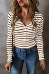 Explore More Collection - Striped V-Neck Long Sleeve Top