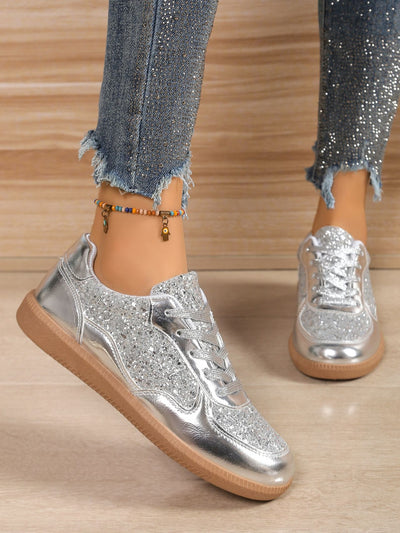 Explore More Collection - Sequin PU Leather Flat Sneakers