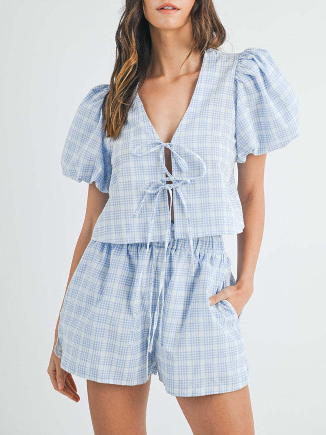 Explore More Collection - V-Neck Puff Sleeve Top and Shorts Set